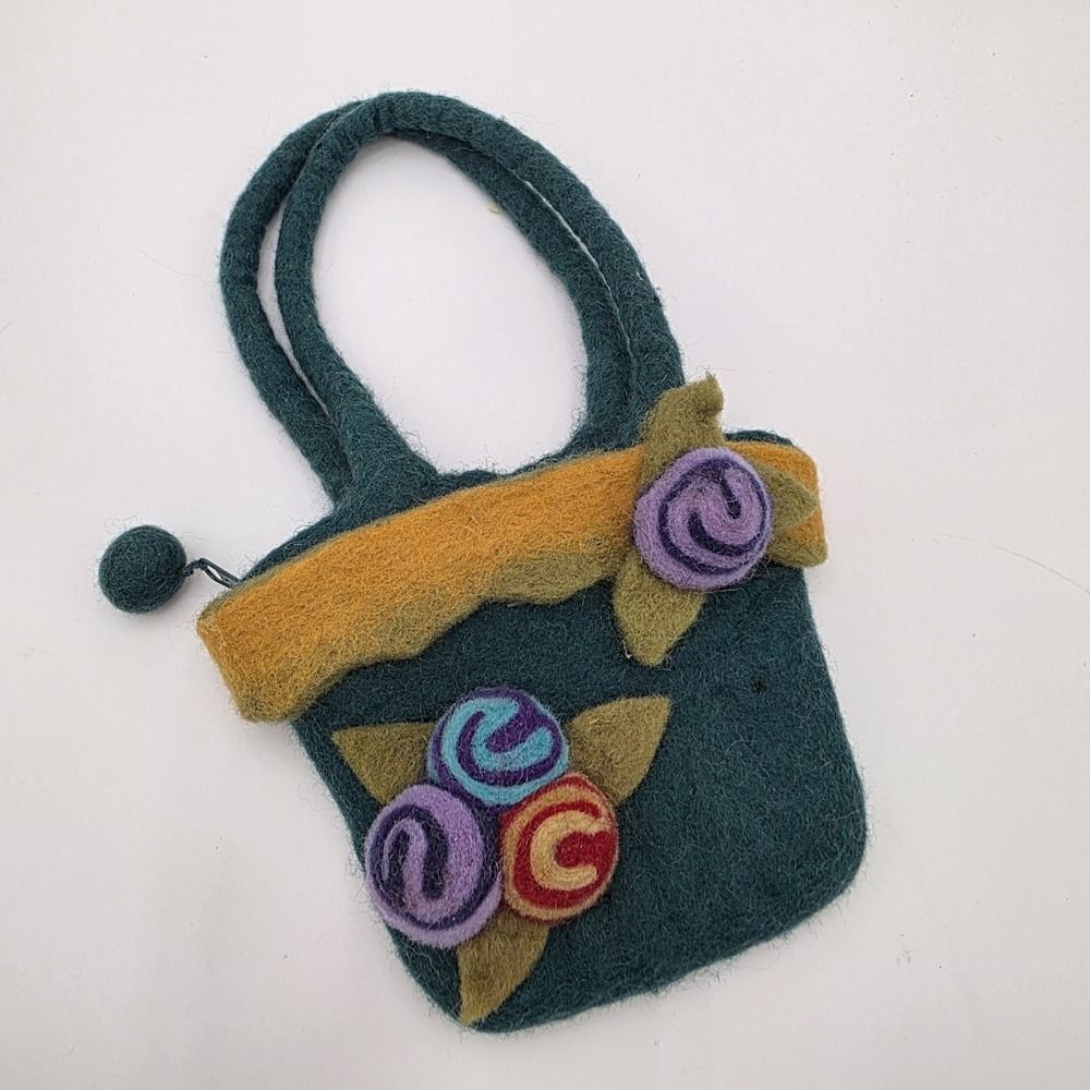 Whimsical Zip Pouch Floral Design Felted Wool Hand Bag - Small, Hand Made, Green